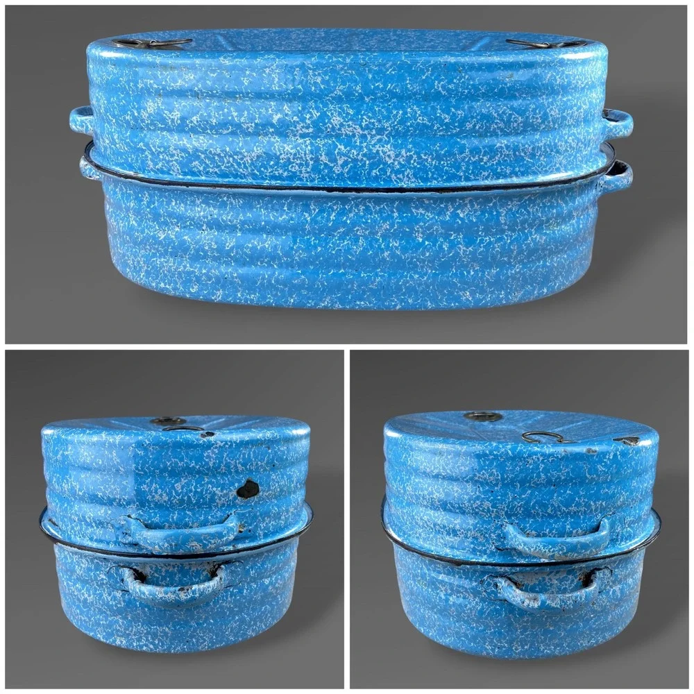 1911 Reed Blue Speckle Roaster Graniteware 3 Piece Dutch Oven Primitive Decor‎